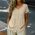 thumbnail image 6 of Women's Blouses Breathable Casual Cotton Linen Tops Crew Neck Short Sleeve Button Down Tee Summer Shirts Beige XXL, 6 of 8