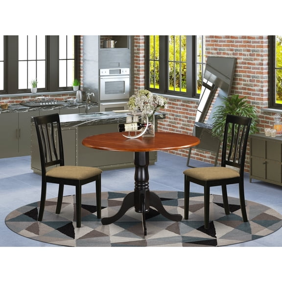 HomeStock Island Interiors 3 Piece Dining Room Table Set Contains a Round Kitchen Table with Dropleaf and 2 Linen Fabric Upholstered Dining Chairs, 42x42 Inch, Black & Cherry