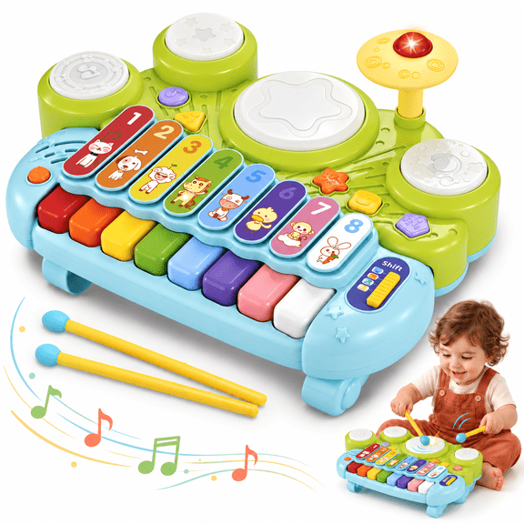 3-in-1 Musical Activity Table for Toddlers 1-3, Baby Piano Xylophone Drum Set with Lights, Early Educational Toy, Birthday Gift for 1 Year Old Boys Girls
