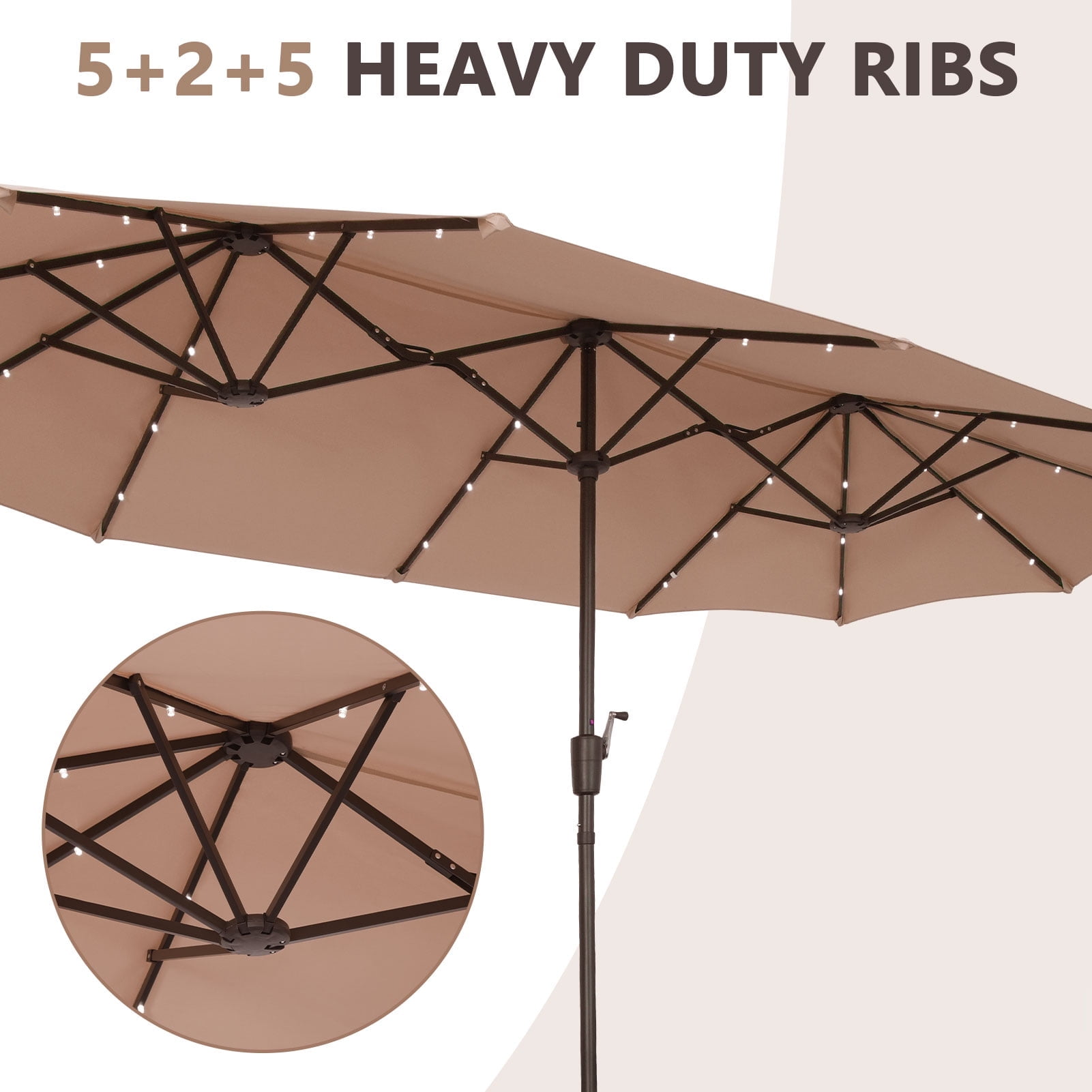 Ainfox 13ft Large Patio Umbrella with Solar Lights, Outdoor Double-Sided Rectangle Market Heavy Duty Umbrellas without Base,Khaki