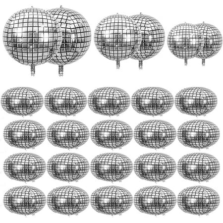 WEEKS 26 PCS Disco Ball Balloons - 4D Large Disco Different Sizes Balloons 22 Inch 18 Inch 15 Inch 10 Inch Metallic Silver Disco Balloons for 70s 80s 90s Disco Themed Party Decorations Supplies