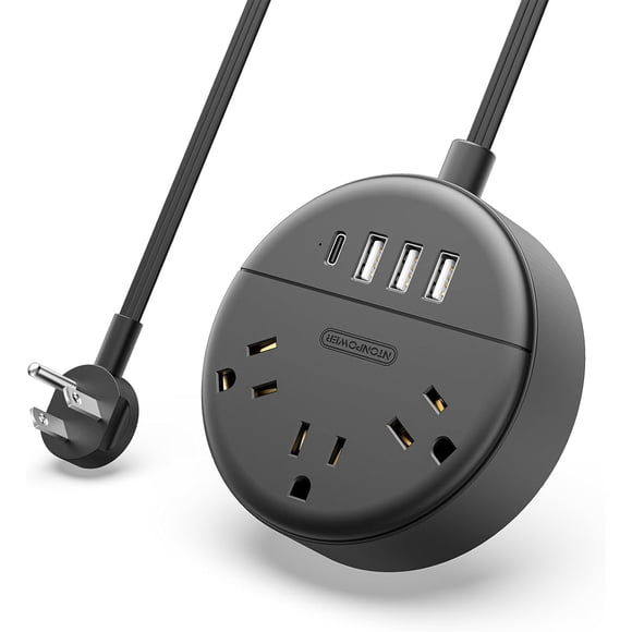 Flat Plug Power Strip with USB Ports, Nightstand Desktop Charging Station with 5ft Extension Cord, Wall Mount with 3 Outlet 4 USB(1 USB C), Small Size for Travel Home Office Dorm Room, Black