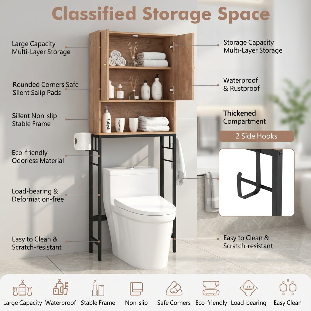 Hommoo Over the Toilet Storage Cabinet with 2 Doors & Adjustable Shelf Woodgrain Finish, Space-Saving Bathroom Organizer for Toilets, Natural
