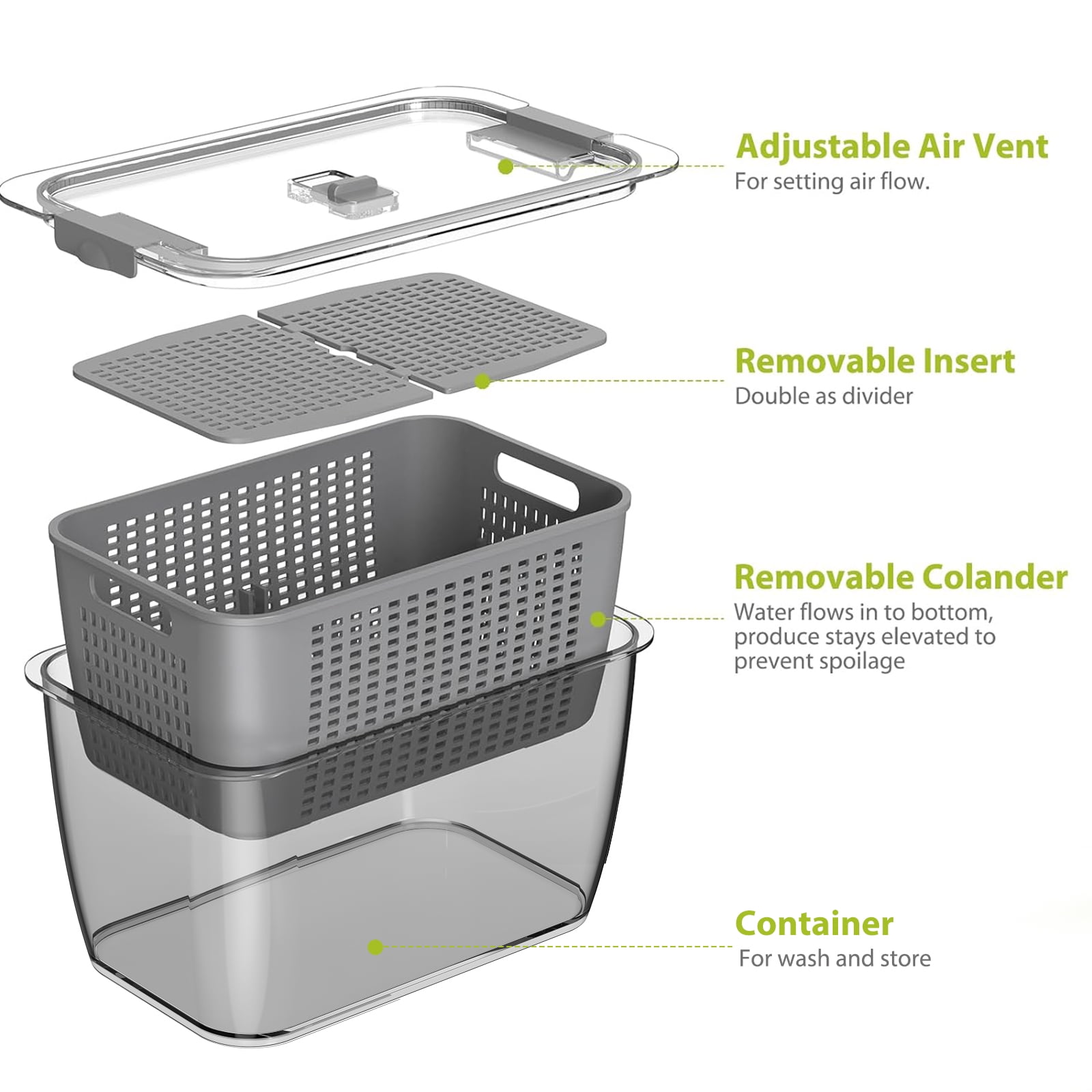 LUXEAR 4 Pack Vegetable Storage Containers for Fridge, Fruit Container with Lids &Removable Colander Large Fridge Organizer BPA-free for Fruit Vegetable, Berry, Meat Storage keep Fresh Longer Gray