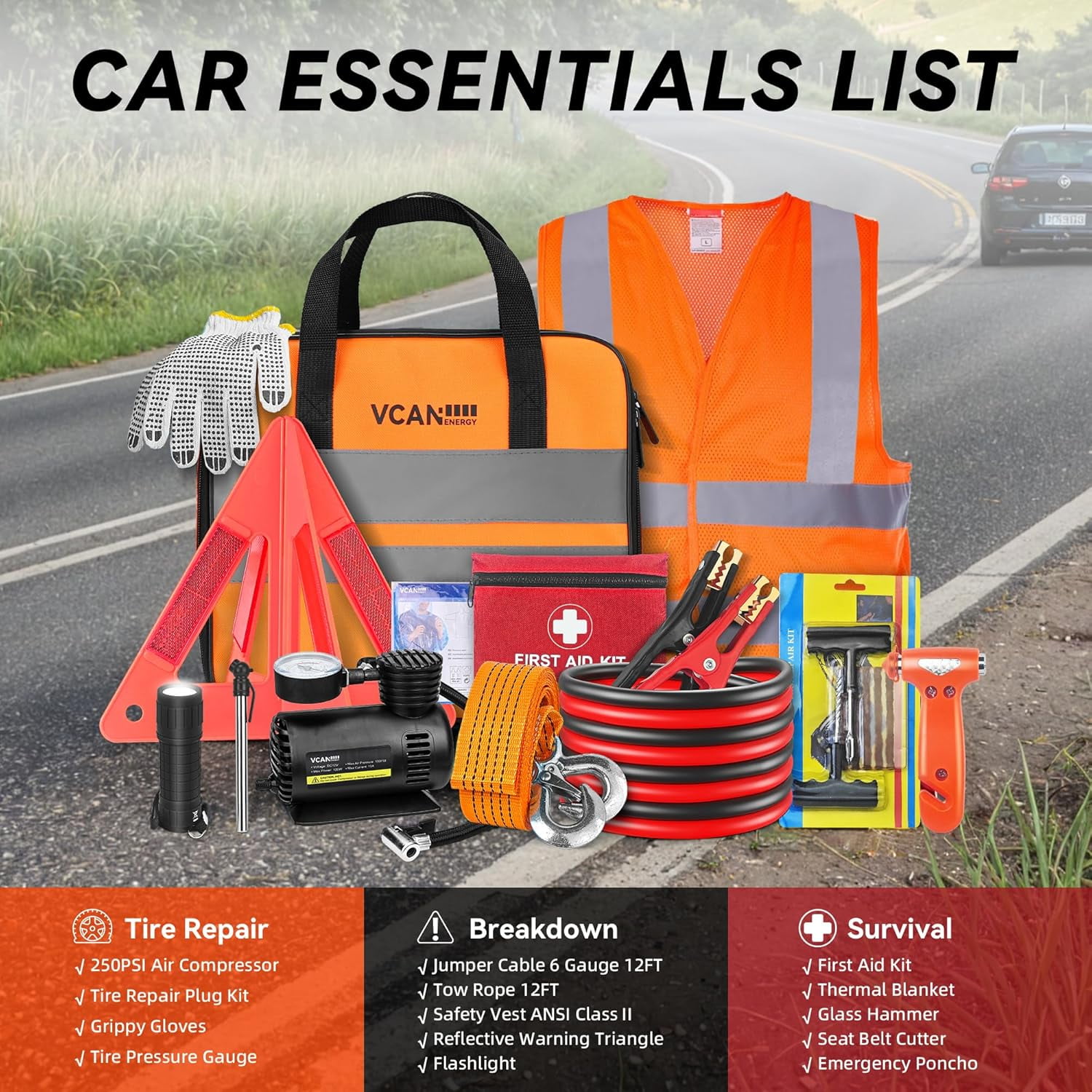 VCANENERGY 43-Piece Car Emergency Safety Kit with Portable Air Compressor, Jumper Cables & First Aid Kit for Roadside Assistance for All Drivers