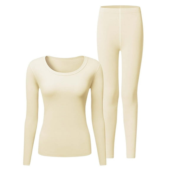 FEIJIBA Pajamas for Women Set Thermal Underwear Fleece Lined Long Base Layer Cold Winter Women's Sleepwear Beige
