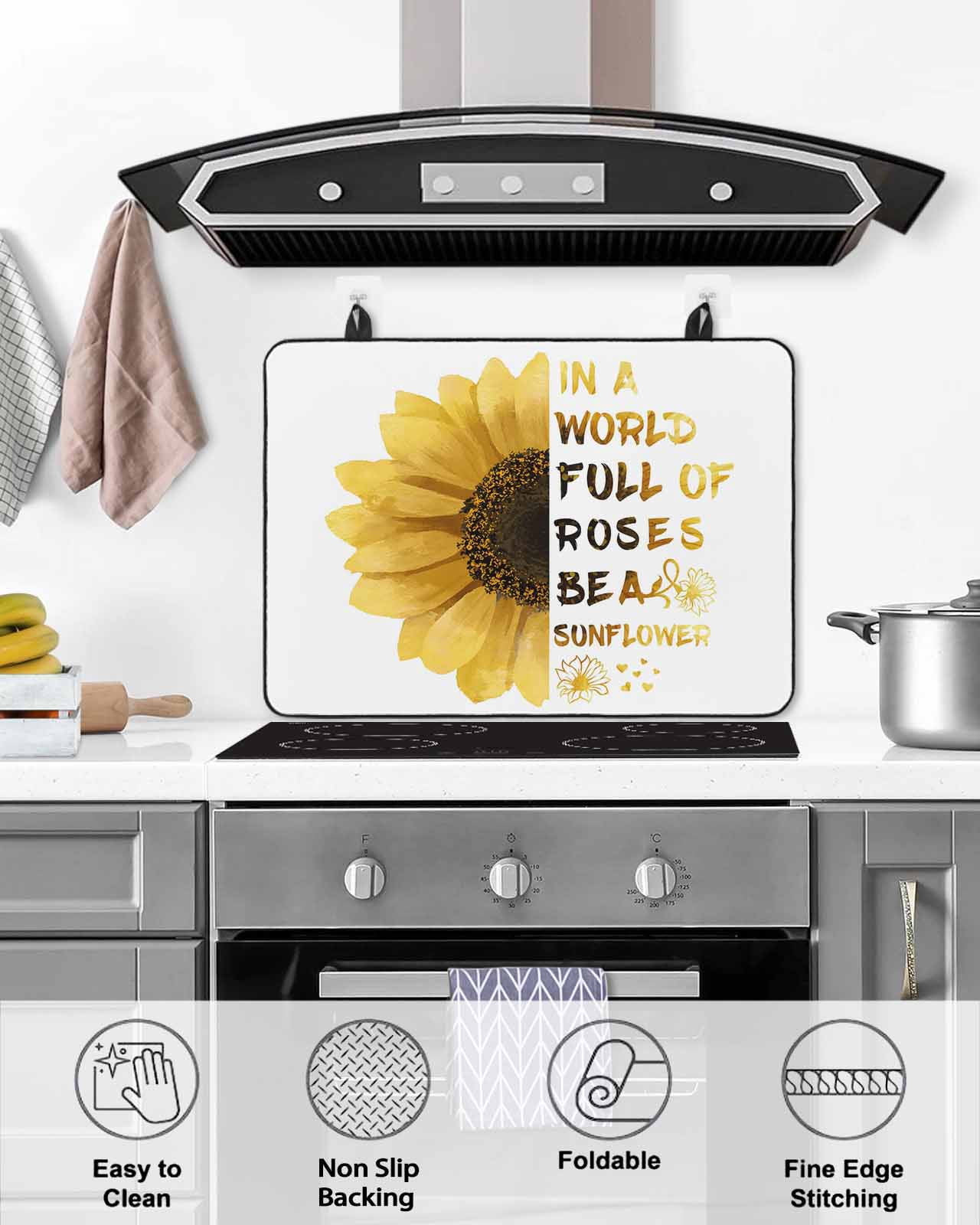 Large Induction Cooktop Protector Mat Yellow Sunflower Stove Top Covers for Electric Stove, Floral Rustic White Quotes Decorative Stove Burner Cover Mats, Glass Top Stove Cover