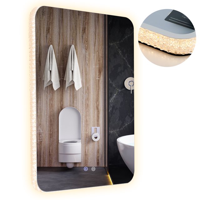 Costway 32"x24" Bathroom LED Backlit Mirror with an imitated crystal frame, shown mounted vertically in a modern bathroom setting. The mirror features adjustable 3-color lighting modes (3000K, 4500K, 6000K) and dimmable brightness from 20% to 100%. It includes a touch button for easy operation, a built-in defogging function, and memory settings. Made of copper-free, explosion-proof glass for durability and safety. The mirror supports both vertical and horizontal mounting and offers dual power options: plug-in or wall switch. Accessories for installation are included.