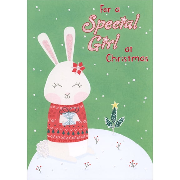 Designer Greetings Cute Bunny Wearing Red Sweater and Holding Blue Present on Green Juvenile Christmas Card for Young Girl