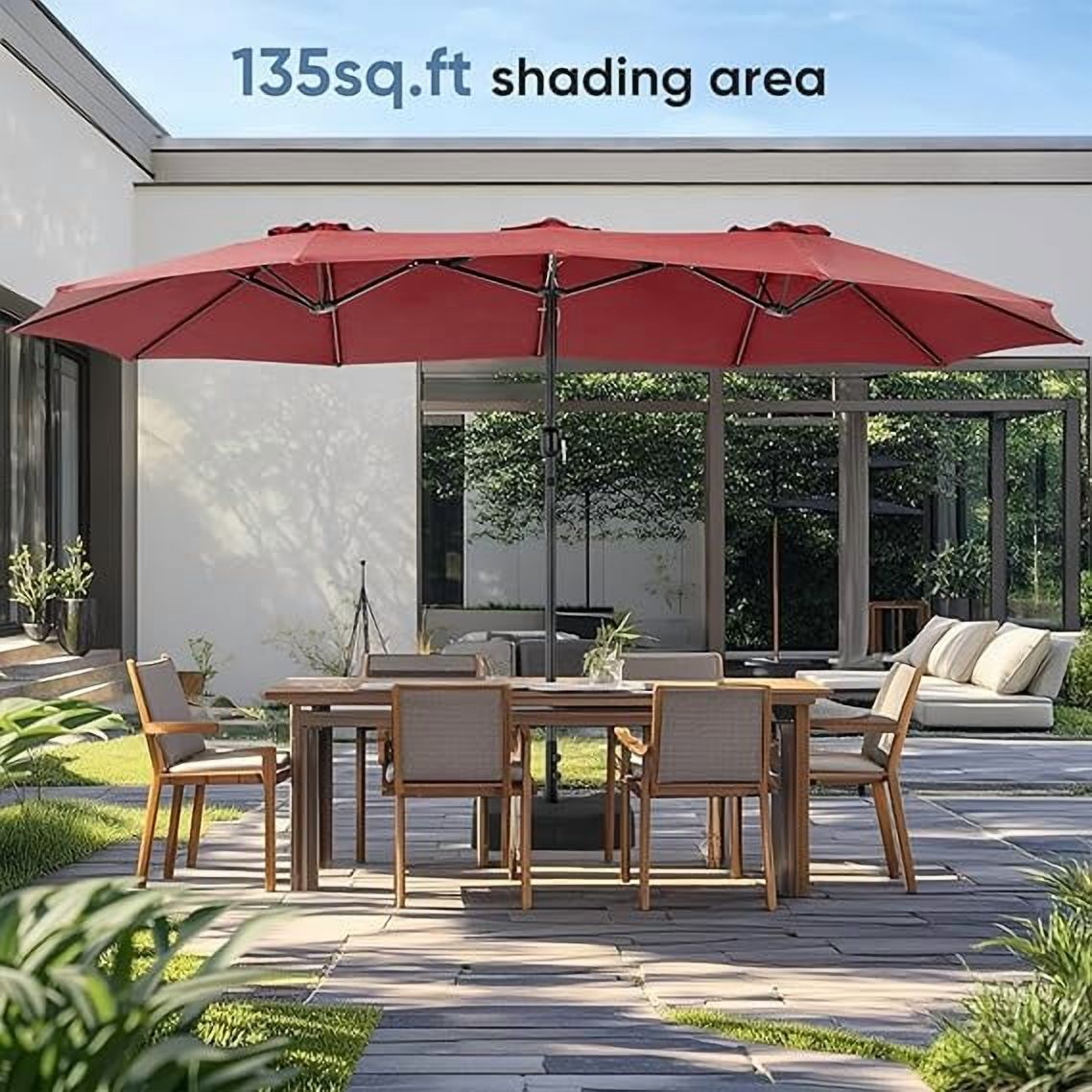 Sybels 15ft Large Rectangle Patio Umbrella with Base, Outdoor Sun Shade for Deck, Backyard, Market, Wine red