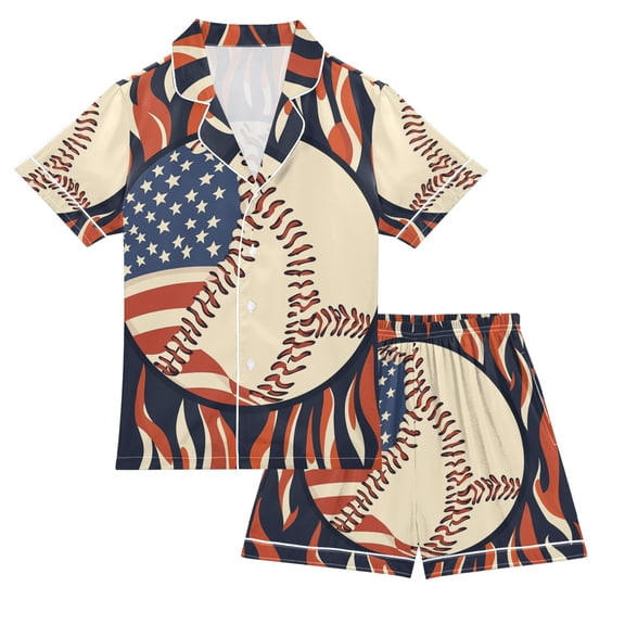 FORMRS Kids Short Sleeve Top and Pants Pajama Set Unisex Satin 2-Piece Sleepwear, Sizes 5-6Y, Baseball Pattern