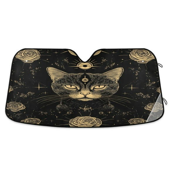 Qxltty Cat with Third Eye Rose Pattern Car Windshield Sunshades Foldable UV Rays Sun Visor Protector Keep Your Vehicle Cool 53×23.5in