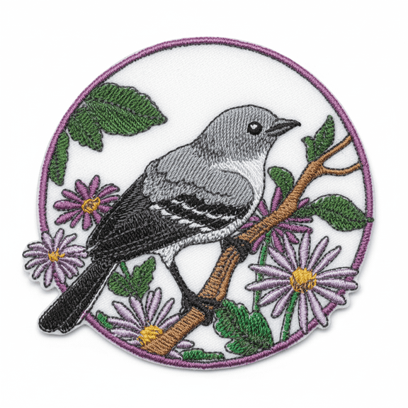 Mockingbird and Aster Circle Embroidered Iron on/Sew Patch [5" X 5"]
