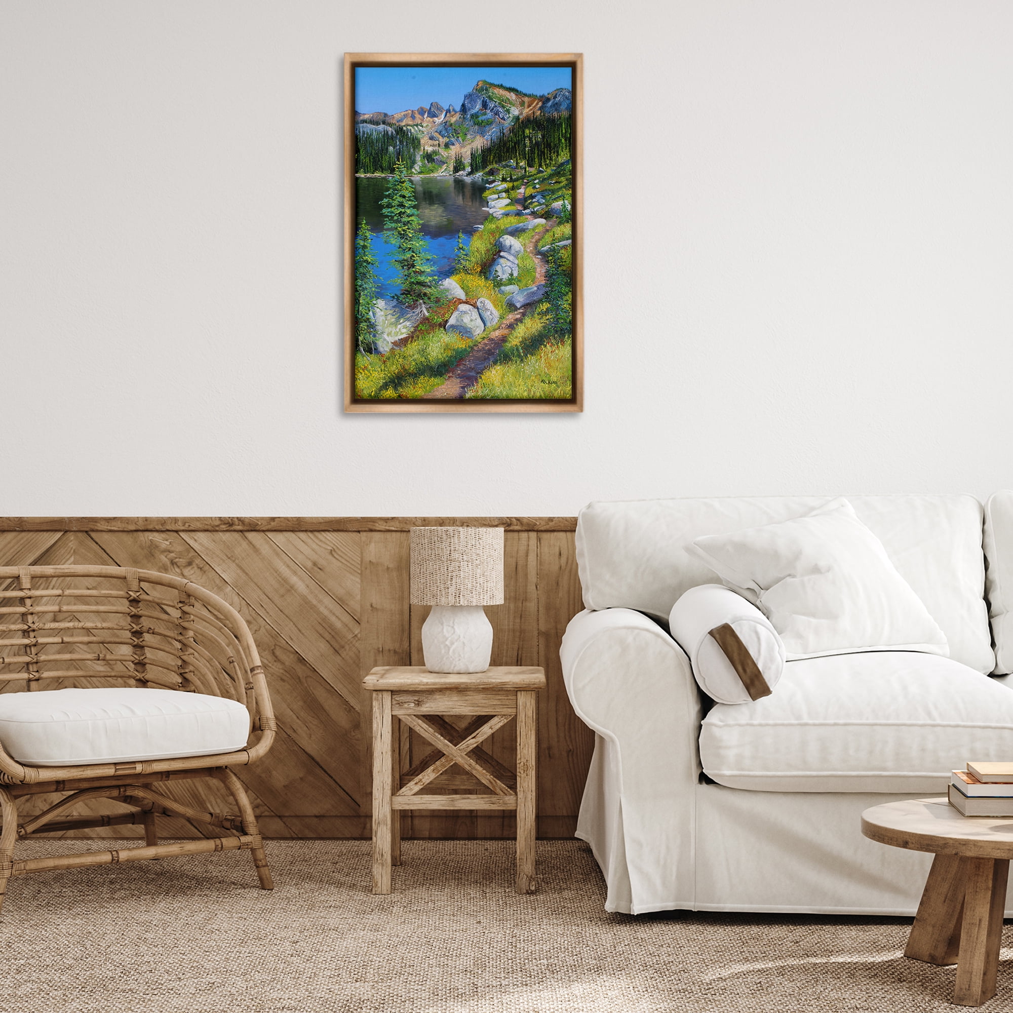 Stupell Industries Alpine Lake Landscape Landscape & Nature Painting Brown Floater Framed Canvas Art Print Wall Art, 21 x 31