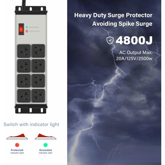 Heavy Duty Power Strip Surge Protector 20 , 8 Outlets 12 Gauge Industrial Shop Garage Metal Multiple Outlets, 15 FT Extension Cord 5-15P Adapter High Amp 6-20R T-Slot 20a for Appliance