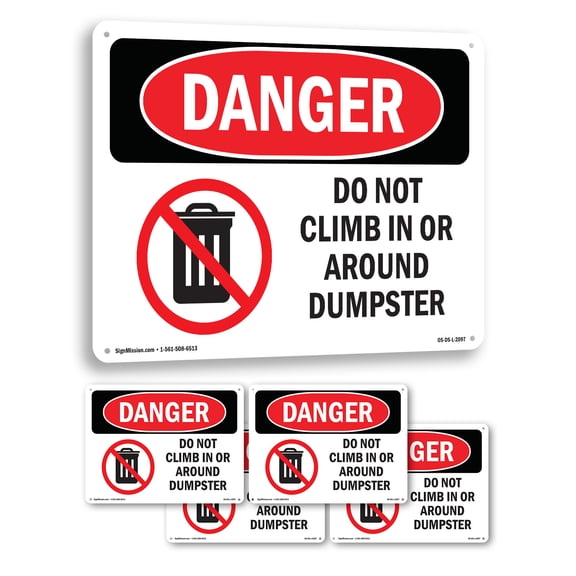 Do Not Climb In Or Around Dumpster OSHA Danger Aluminum Sign 10 Inch x 7 Inch - 5 Pack