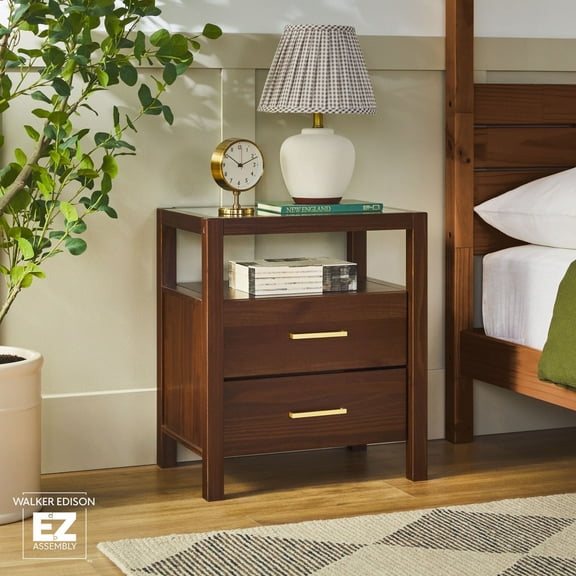 Walker Edison Modern Easy Assembly Solid Wood Nightstand with Glass Top Walnut