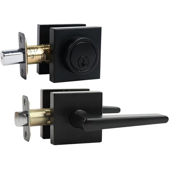 Black Front Door Handle and Deadbolt Set,Door Handles Interior,Front Door Lock Set,Door Locks For Front Door,Dead bolt and Door Handle Set, Square Heavy Duty Exterior Door Knob with Deadbolt,1pack