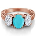 thumbnail image 2 of Gem Stone King 18K Rose Gold Plated Silver 3-Stone Ring Oval Green Turquoise and Moissanite (3.30 Cttw, Size 5), 2 of 3