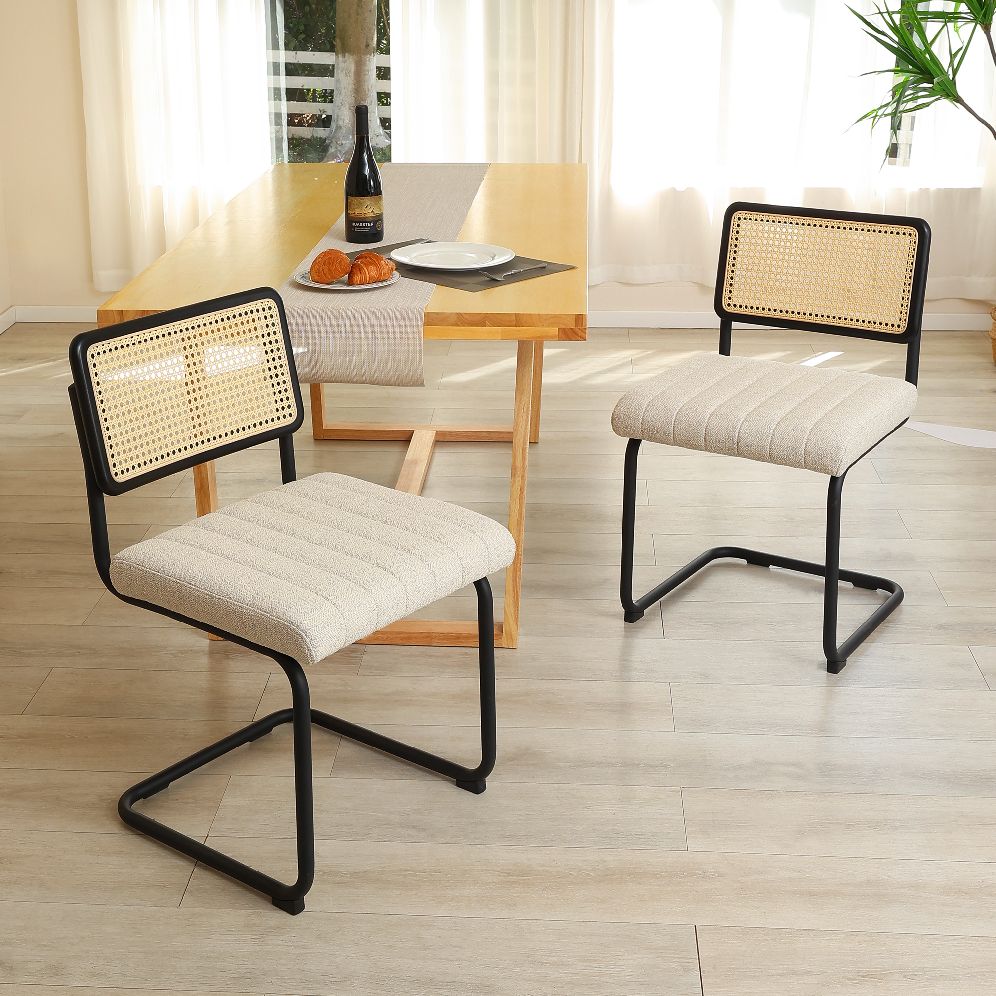Zesthouse Beige Linen Dining Chairs Set of 2, Rattan Upholstered Kitchen Chairs with Cane Back and Black Metal Legs, Mid-Century Modern Side Chair for Dining Living Room - image 3 of 13