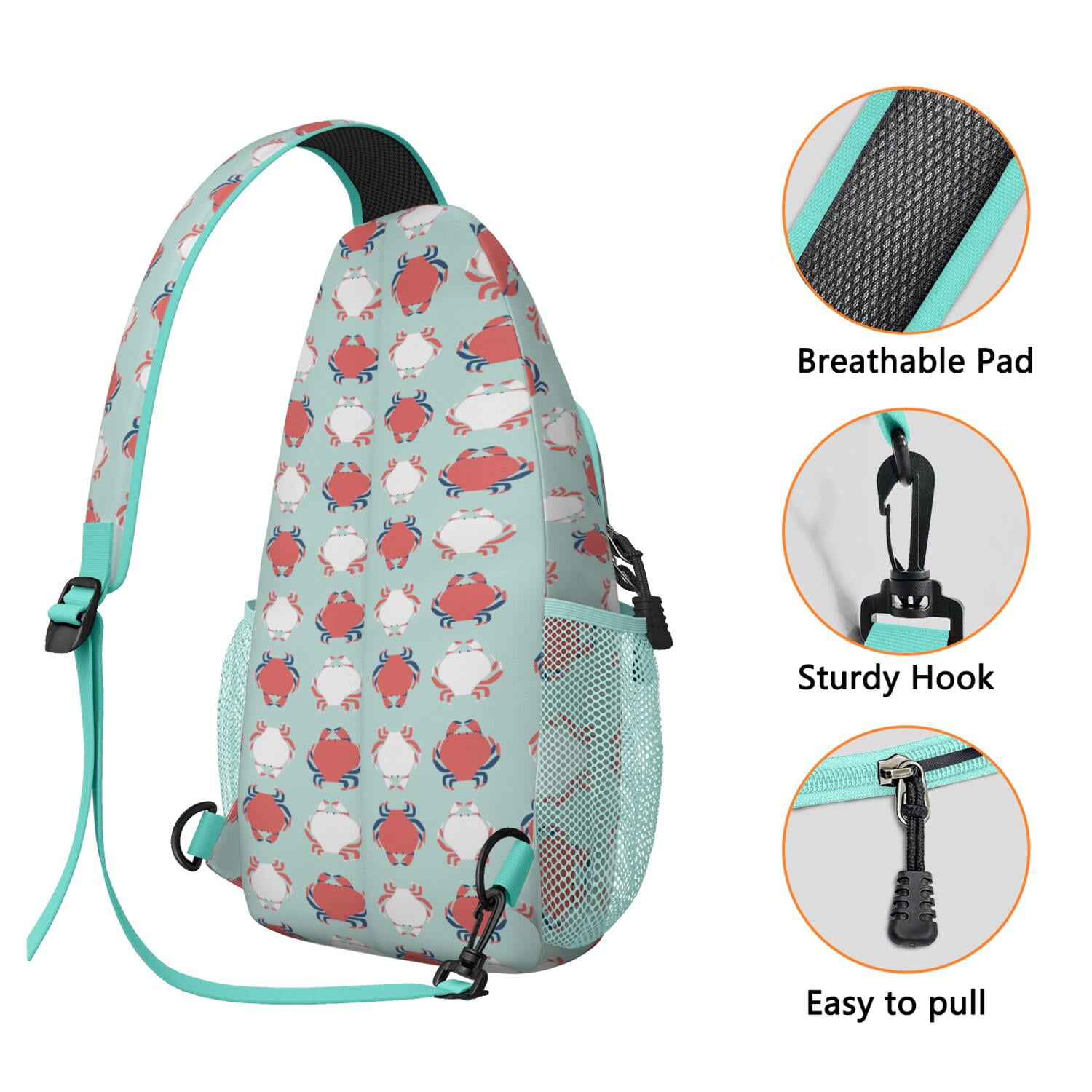 Colorful Crab Shoulder Backpack - Black White Nautical Sling Bag for Outdoor Enthusiasts, Anti-Theft Design & Spacious - Cartoon Crab Daypack for Hiking, Biking, Traveling & Urban Use