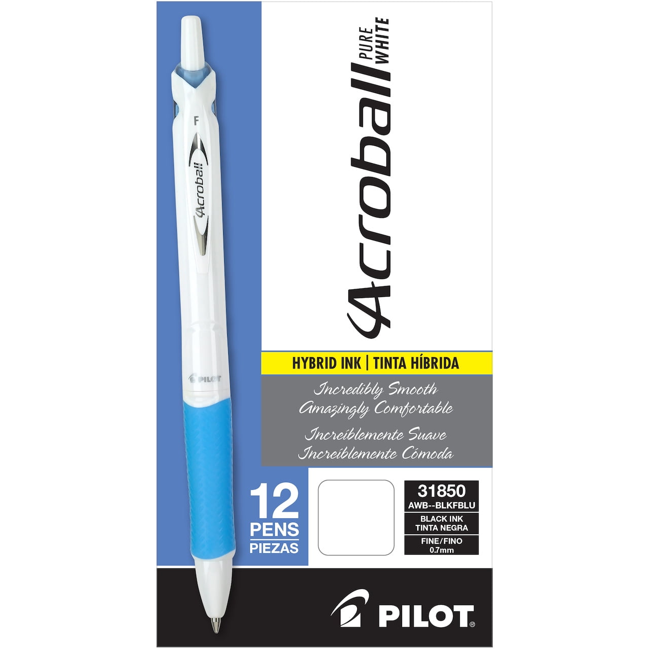 Pilot Acroball PureWhite Advanced Ink Pens, Fine Point (0.7 mm), Black Ink, 12 Count