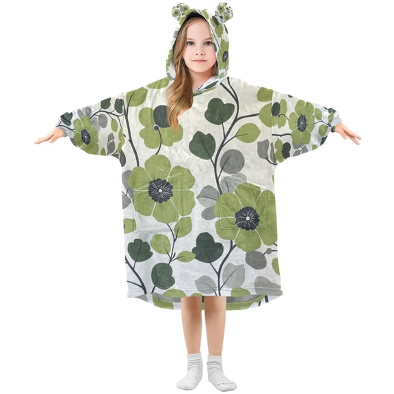 FORMRS Wearable Blanket Hoodie with Sleeves for Kids Cozy Flannel Sweatshirt, Retro Flower Print