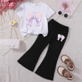 thumbnail image 2 of HCNTES Little Girl's 2 Piece Print Outfit T-shirts with Bell Bottom Flare Pants Outfits Set Kids Girls School Suit 3T 4T 5T Children Girls Summer Clothing Set(D01-M,5-6 Years), 2 of 4