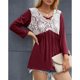 thumbnail image 3 of Top informal para mujer, manga larga, cuello en V, costura de encaje, diseño plisado, Top delicado y lindo de otoño para mujer, rojo vino L, 3 of 6