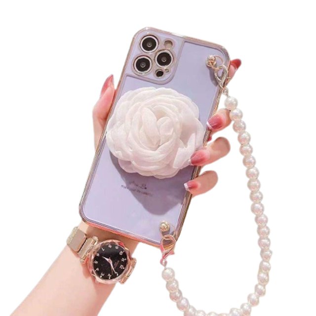 iPhone 11 Pro Max Heavy Duty Case Wrist Chain Bracelet Luxury Flower Style Cover - Purple