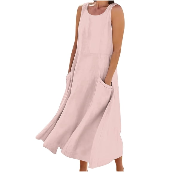 Giftesty Summer Dresses for Women Sleeveless Cotton and Linen Round Neck Solid Color Long Dress with Pocket