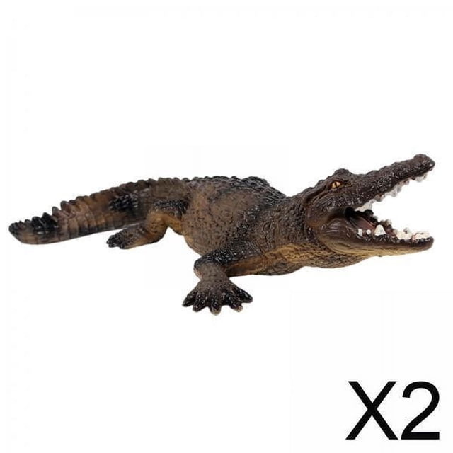 2 figuras de realistas, animales preescolares para regalo de cumpleaños para niños Paquete de 2 cocodrilos marrones, vista 3/4 con boca abierta y textura escamada en PVC, 16.5 x 3.5 cm; figura educativa para reconocimiento de animales y decoración de estantes o escritorios.