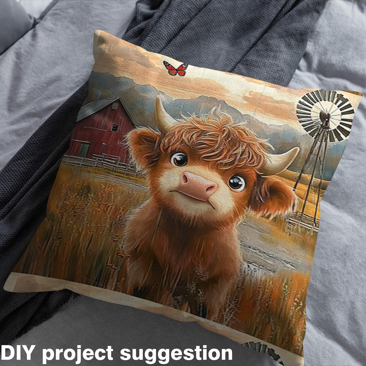 jejeloiu Cute Highland Cattle Fabric by the Yard 1 Yard,Old Barn Door Home Decor Fabric by the Yard,Western Farm Windmill Sewing Fabric For Men Women,Microfiber Bedroom Decor