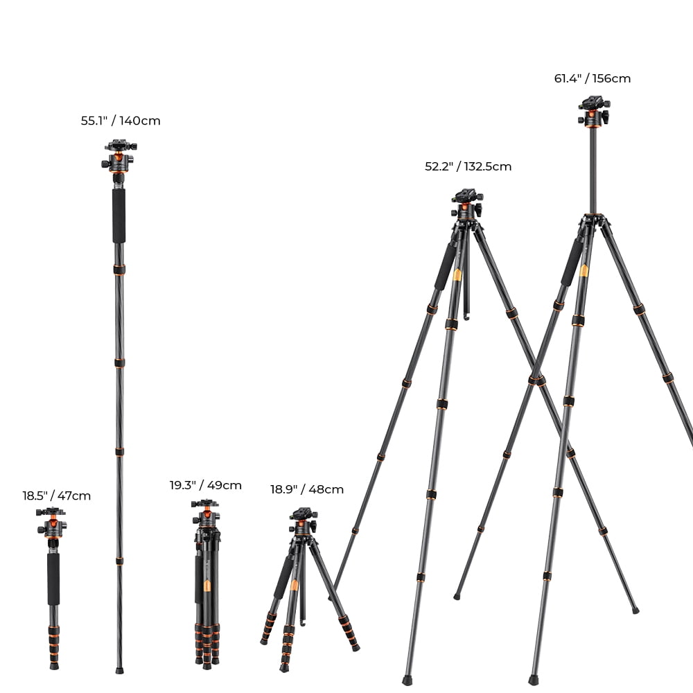 K&F Concept 61.4"/156cm Professional Carbon Fiber Tripod, 15kg/33lbs Load Camera Tripod with 360° Ball Head, Portable Detachable Monopod for DSLR Camcorders