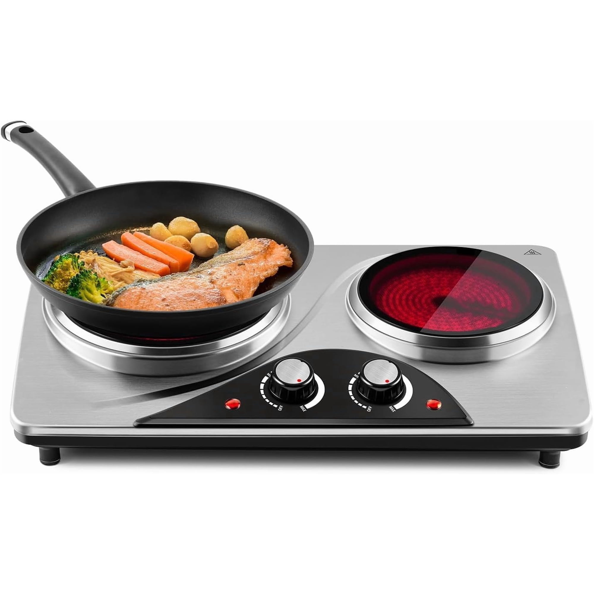 Hot Plate, Electric Double Burner Countertop Ceramic Stove | Control Cooking Stove/Works with Cookwares/Heat-Up in Seconds/Stainless Steel/Compact & Portable/Overheat Protection