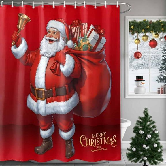 Red Santa Claus Shower Curtains for Bathroom, Merry Christmas Vintage Santa Gifts Bell Waterproof Fabric Shower Curtain for Bathroom Bathtub Decoration, Machine Washable, 36"x72"