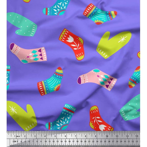 Soimoi Purple Modal Satin Fabric Socks & Gloves Folk Art Print Fabric by the Yard 42 Inch Wide