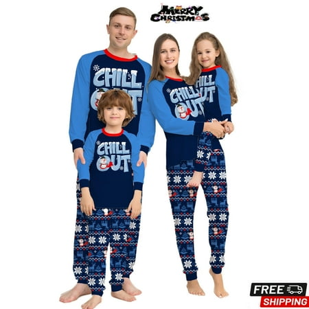 

Pudcoco Family Christmas Pjs Matching Sets Letter Print Round Neck Long Sleeve Tops + Elk Snowflake Santa Print Pants Loungewear