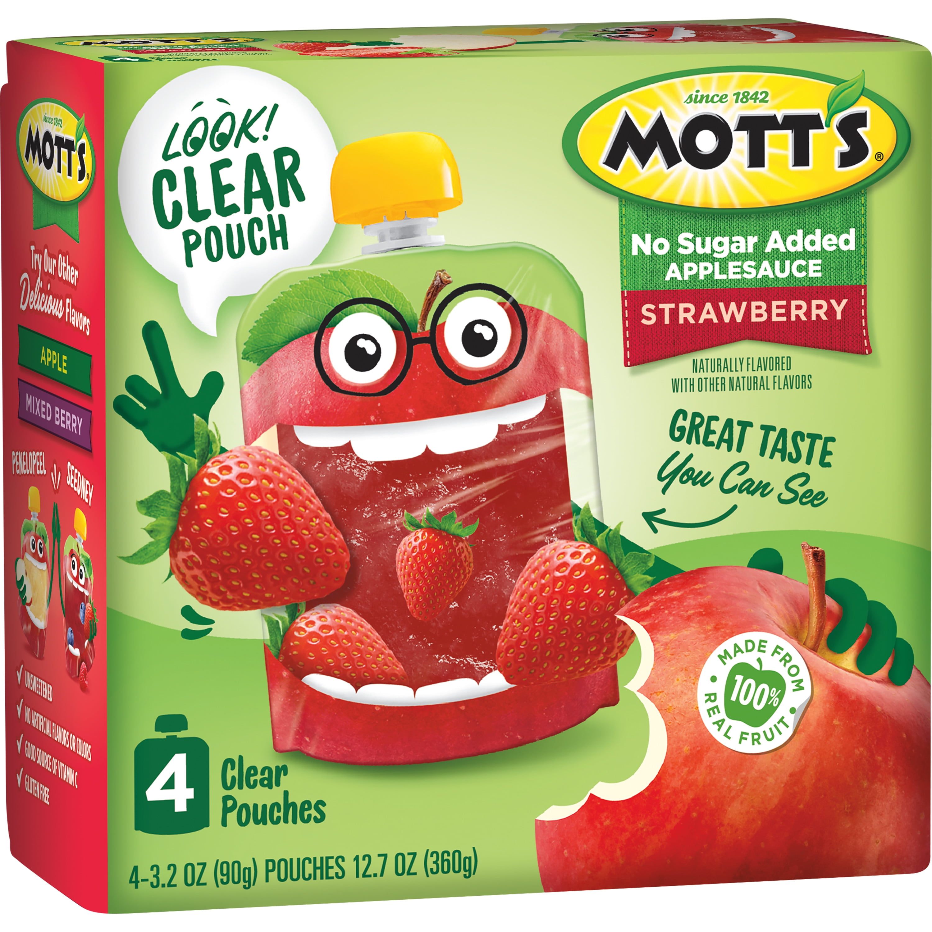 Mott's No Sugar Added Strawberry Applesauce, 3.2 oz, 24 Count Clear Pouches (6 Packs of 4)