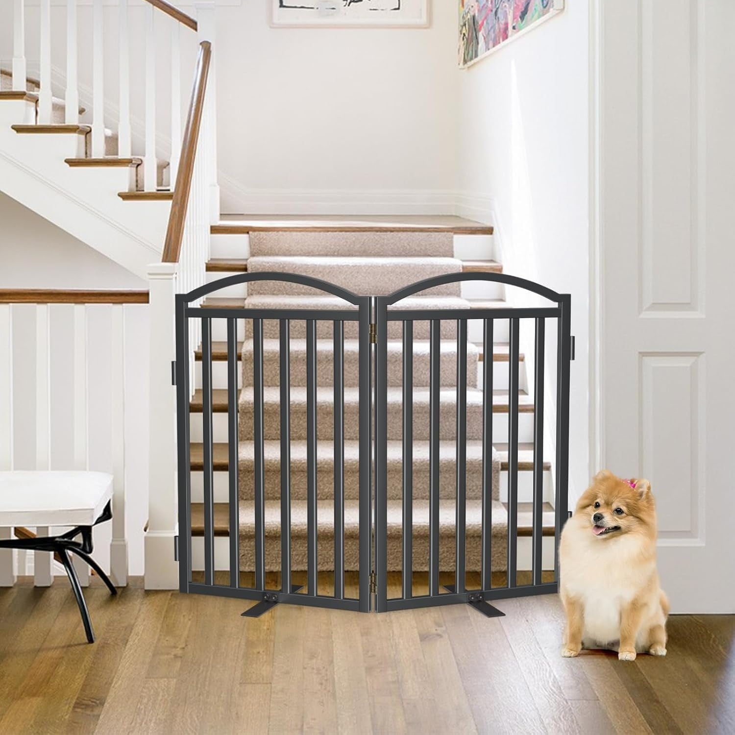 Metal Freestanding Dog Gate, 32'' Height Outdoor Indoor Dog Fences, Extra Wide Foldable Puppy Gate for Stairs (Black, 【2 Panels】 40''W × 32''H)