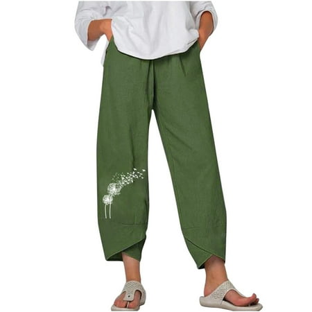 

Dadaria Linen Pants for Women High Waist Tapered Loose Cotton Linen with Pocket Printing Trousers Pants Green S Female