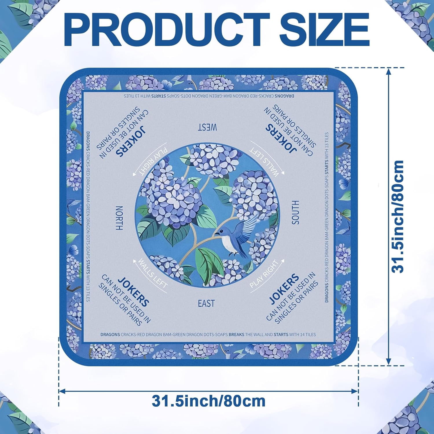 Tegeme Chinoiserie Mahjong Mat 31.5" x 31.5" Hydrangeas Mat Anti Slip and Noise Reduction Multi Purpose Game Table Cover Non-Slip Noise Reduction Gaming Rug for Mahjong, Card, Board Tile Game