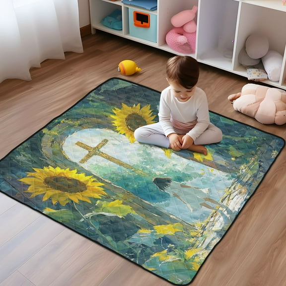 WOBOGO Sunflower Gate Baby Playmats Extra Large Waterproof Rollable Activity Pads for Toddlers 50×50inch