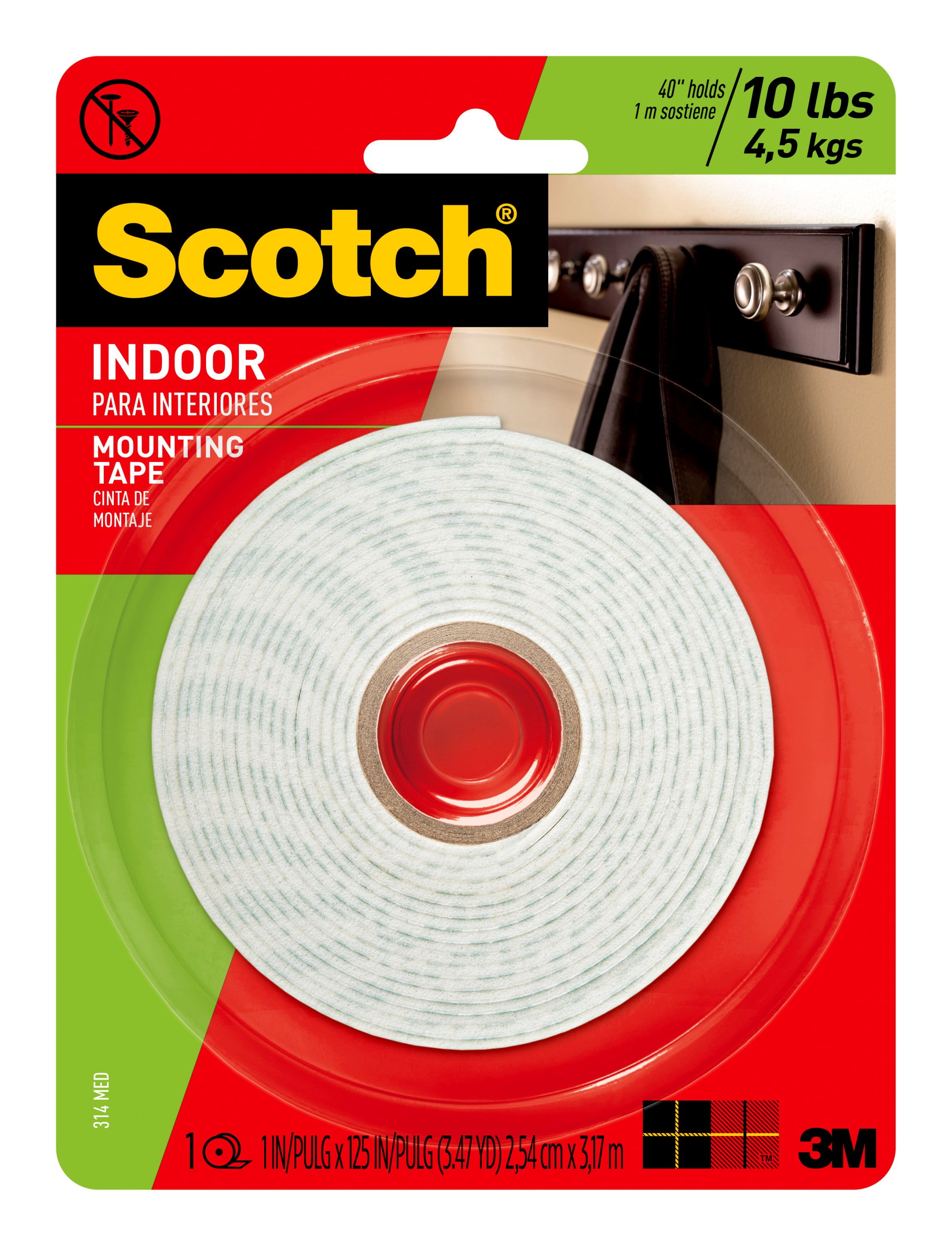 Scotch Indoor DoubleSided Mounting Tape, White, 1 in x 125 in, 1 Roll