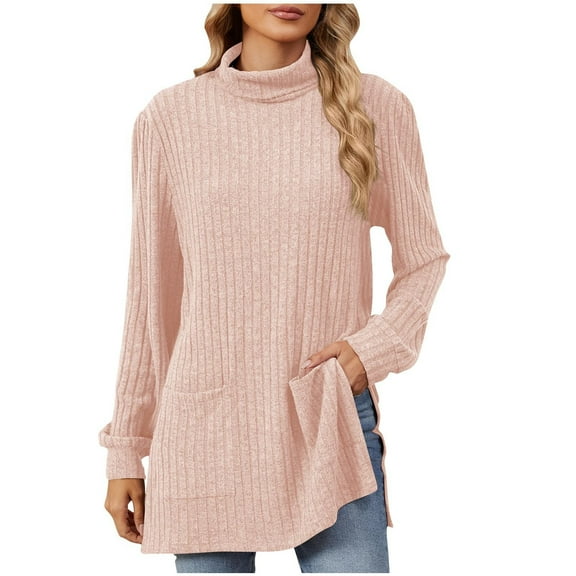 Diufon Womens Knit Blouses High Neck Long Sleeve Sweaters Solid Color Blouses with Pockets