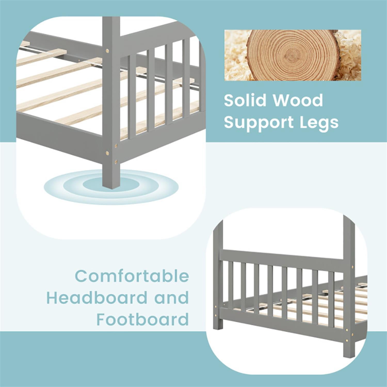 Demi Bonn Twin Size Wooden House Bed Frames with Roof, Modern Platform Floor Bed Frames for Teens, Gray