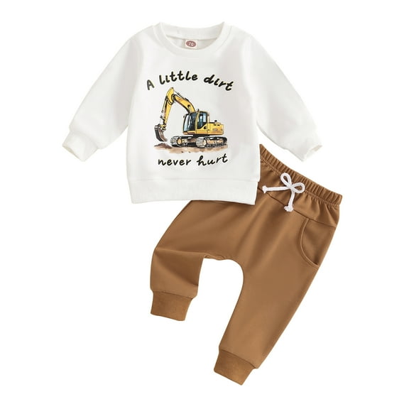 Aojekbee Toddler Boy Fall Outfits Cartoon Excavator Letter Print Long Sleeve Sweatshirt and Solid Color Pants 2 Pcs Set