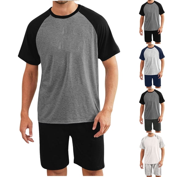 VBTAPA Mens Big and Tall Pajama Set Raglan Short Sleeve Crewneck T-shirt and Shorts Sets Ultra Soft Modal Loungewear Set 2 PCS Pj Set with Pockets 2025 Black XXXXXL