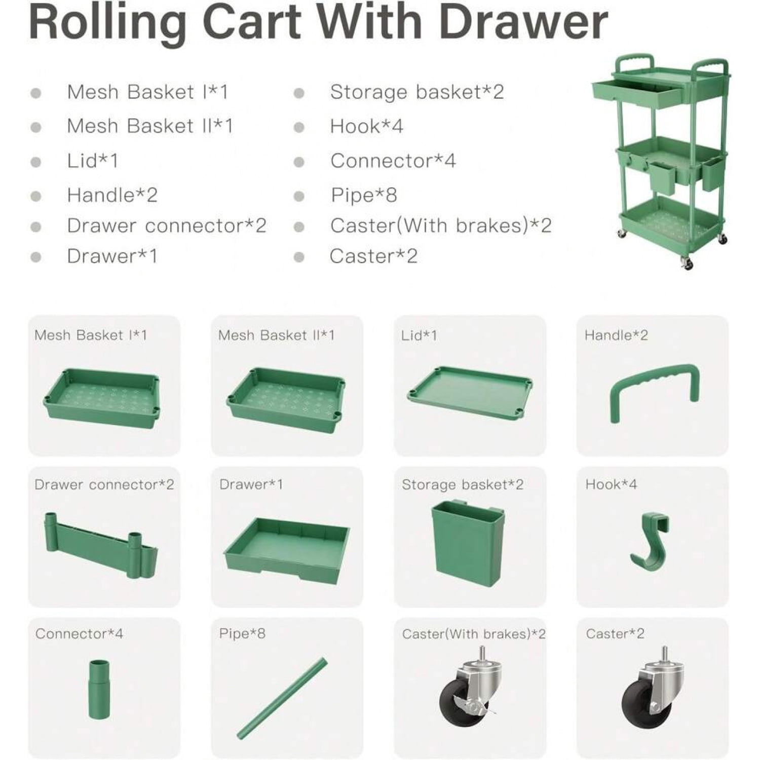 NTGFU 3 Tier Rolling Storage Cart with Drawers Rolling Utility Cart with Drawers,Room Decor,Bathroom Decor,Rolling Utility Cart Rolling Storage Organizer Tool for Kitchen,Green