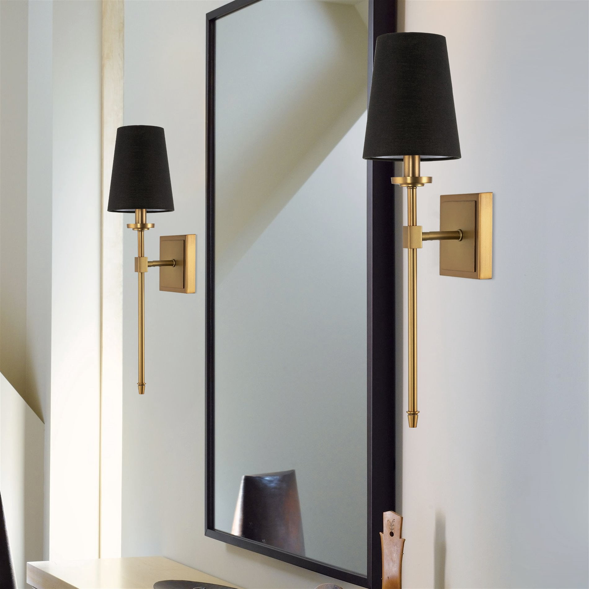 Kira Home Torche 20" Mid Century Wall Sconce, Tapered Black Linen Shade, Candle Wall Light, Elongated Tail, Warm Brass
